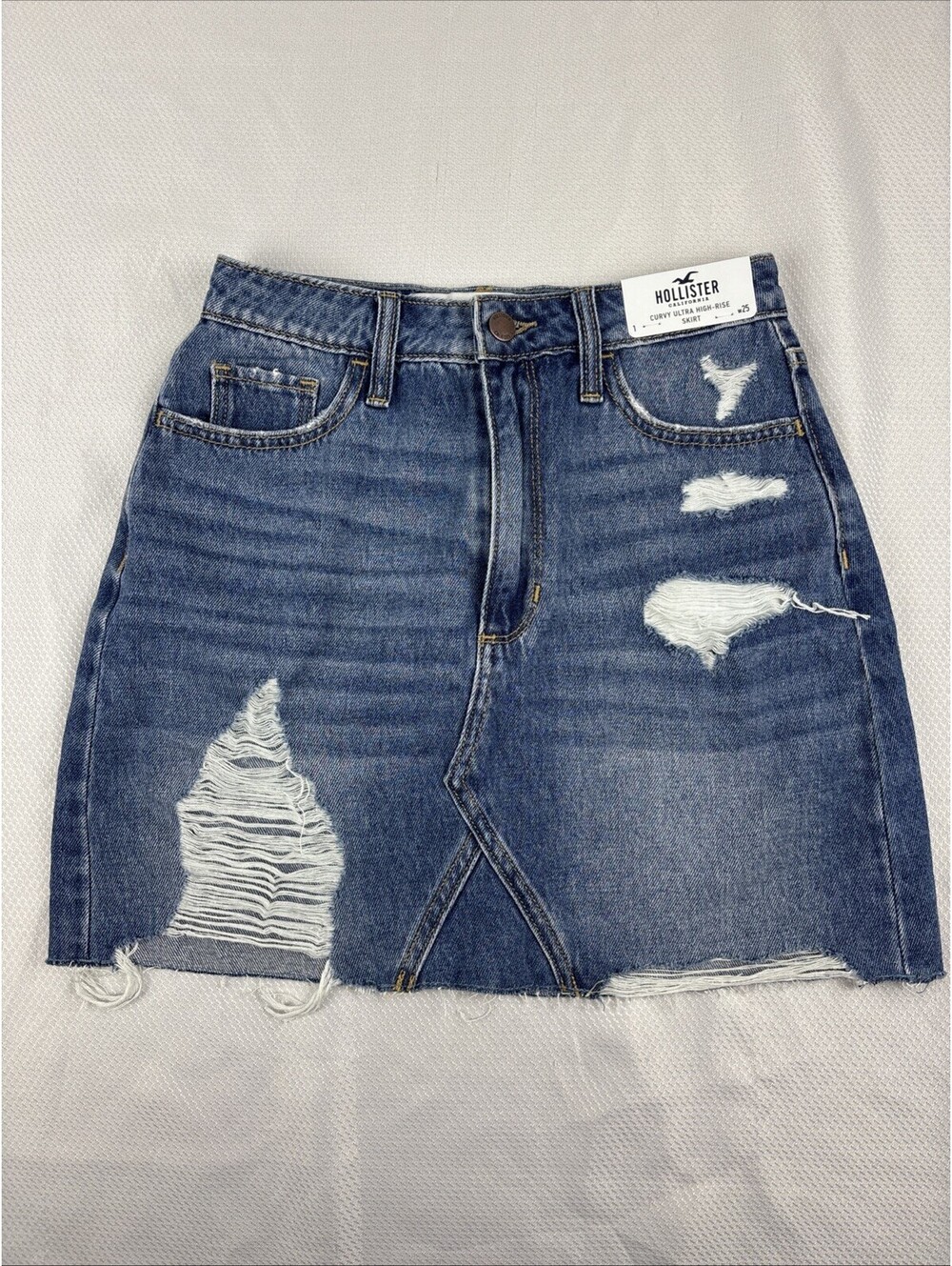 Hollister Curvy Ultra High Rise Ripped Jean Mini Skirt 1/25 Raw Hem Distressed
